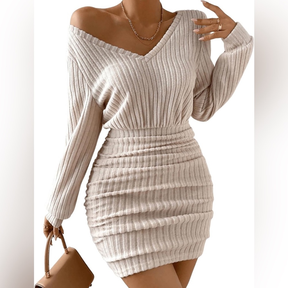 V Neck Long Sleeve Ruched Bodycon Pencil Mini Short Dress